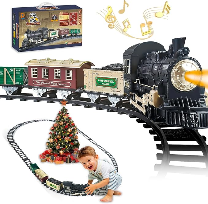 Kids Train Set - Train Toys w/Sounds (Turn ON/Off), Lights, Electric Toddlers Classical Train for Christmas Village Tree, Train Set for Toddlers 2-4, Christmas Toys Gifts 3 4 5 6 7 8+ Year Old