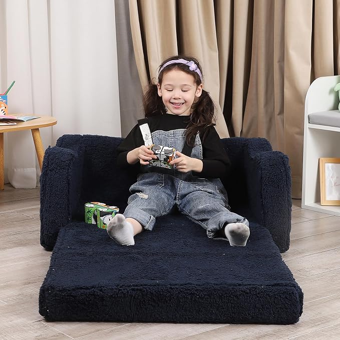 Kids Extra Wide Chairs for Toddler, 2-in-1 Toddler Soft Sherpa Couch Fold Out, Convertible Sofa to Lounger for Girls and Boys, Dark Blue