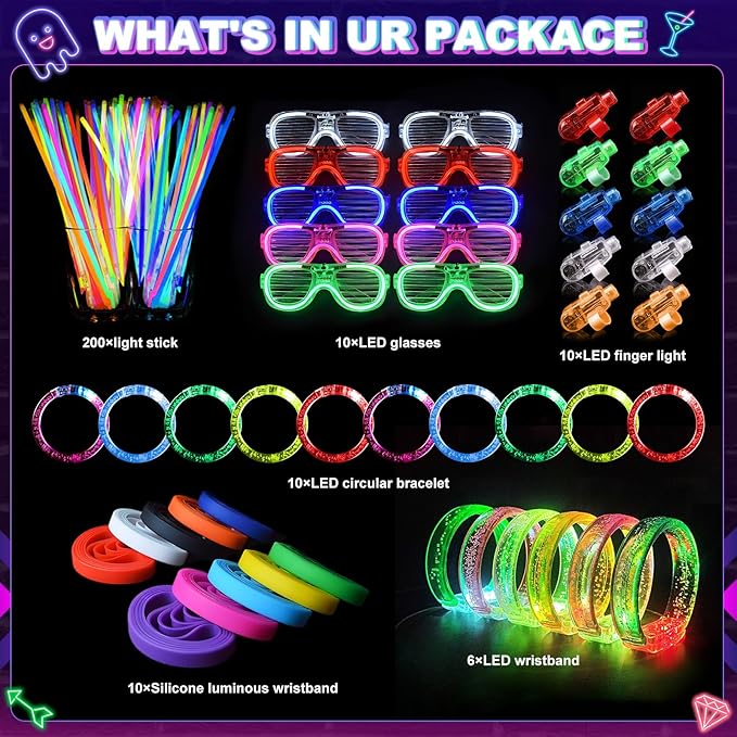 246 PCS Glow in the Dark Party Supplies Glow Sticks Bulk Party Pack with Glow Sticks, Glow Glasses, Finger Lights, Bracelet, LDE Watch for Birthday Wedding Concert Halloween Glow Party Favors