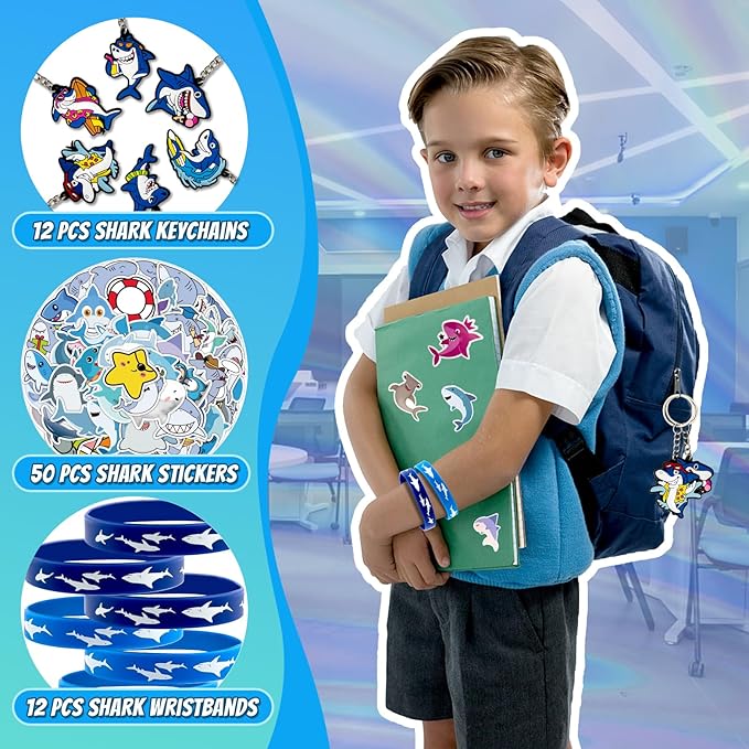 134 Pcs Shark Party Favors with Shark Straws Shark Bracelets Wristbands Tattoo Stickers Erasers Keychains Goodie Bags Under the Sea Party Favors Shark Birthday Party Decorations