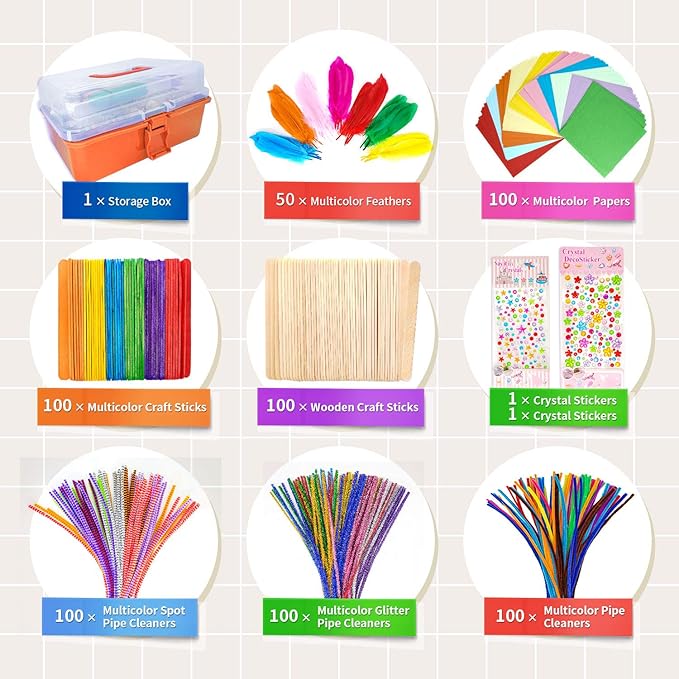 1405 Pcs Art and Craft Supplies for Boys and Girls, Toddler DIY Craft Art Supply Set Included Pipe Cleaners, Pom Poms, Feather, Folding Storage Box - All in One for Craft DIY Art Supplies(Orange)