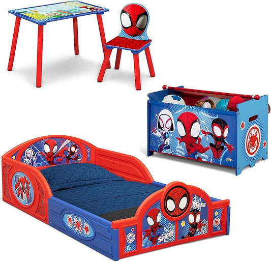 Delta Children - Marvel Spidey and His Amazing Friends 4-Piece Toddler Room-in-a-Box Set – Includes Sleep and Play Toddler Bed, Table, 1 Chair and Toy Box, Blue/Red