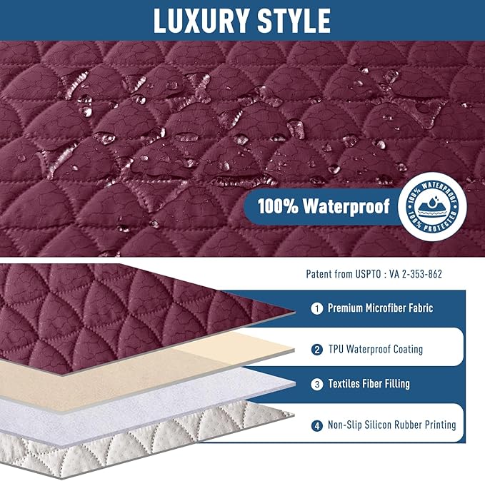 TAOCOCO 100% Waterproof Loveseat Recliner Cover-Recliner Cover with Non-Slip Granule, Recliner Chair Covers with Elastic Band,Washable Recliner Chair/Furniture Protector for Pets(Wine, 2 Seater)