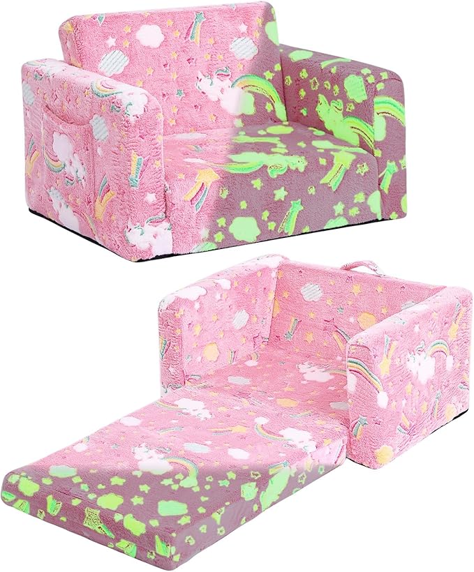 Tiita Kids Chair Couch, Folding Toddler Comfy Sofa Chairs, 2-in-1 Kids Plush Sofa Fold Out, Baby Armrest Chair Sofa to Lounger, Convertible Play Sofas to Bed for Girl or Boy, Pink Rainbow