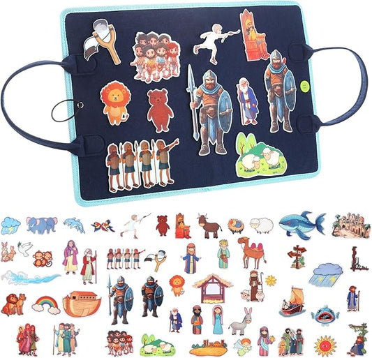 4 Pack Felt Board Bible Stories Set Flannel Board Stories Include Noah's Ark, Jonah and The Whale, David and Goliath, The Nativity of Jesus, 52 Pcs Precut Bible Felt Story Board for Kid