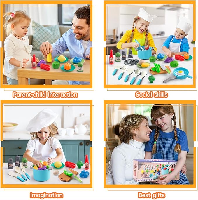 35Pcs Kids Kitchen Toy Accessories, Toddler Pretend Cooking Playset with Play Pots and Pans, Utensils Cookware Toys, Play Food Set, Toy Vegetables, Learning Gift for Girls Boys (Turquoise)