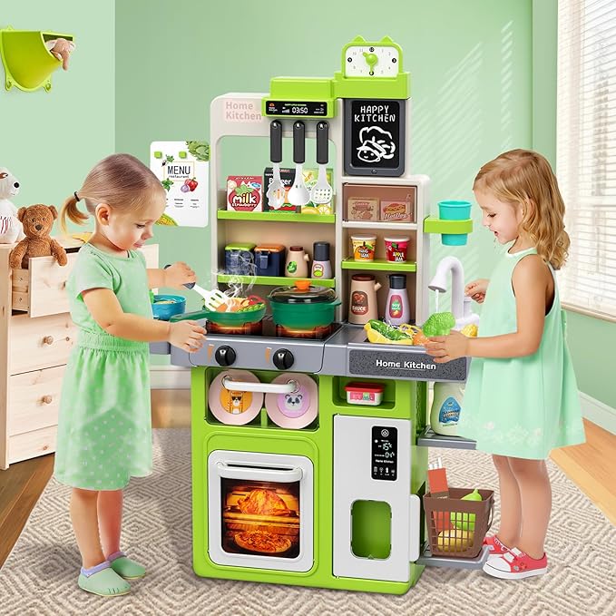 Kids Play Kitchen Set, Toddler Kitchen Playset with Sound & Light, Cooking Stove with Steam, Play Sink, Play Food Toy and Kitchen Accessories, Pretend Kitchen Toy for Kids Girls Boys 1-3