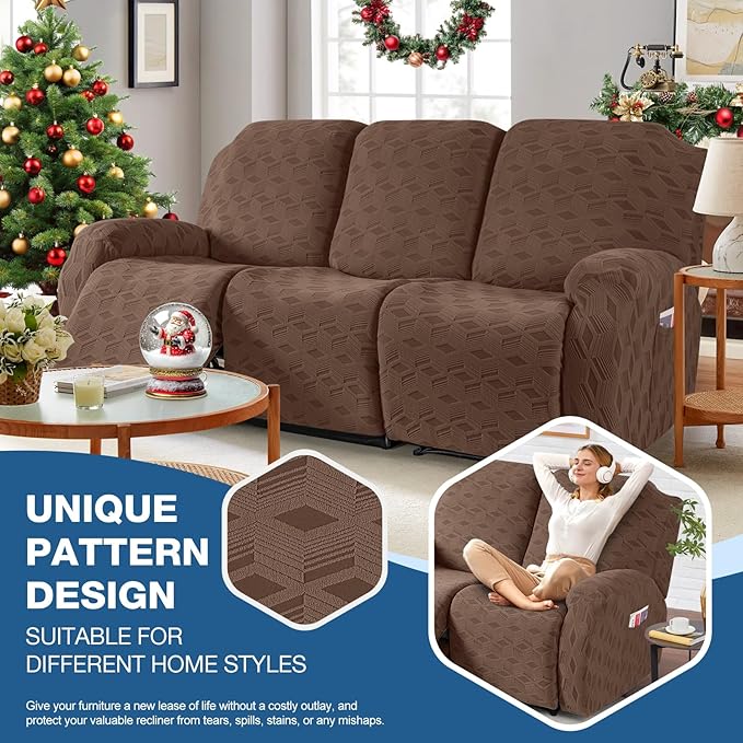 TAOCOCO Recliner Sofa Covers Stretch Reclining Couch Cover, Jacquard Recliner Couch Cover for 3 Seat Furniture Protector Sofa Slipcovers with Elastic Bottom for Kids, Pets(Brown)