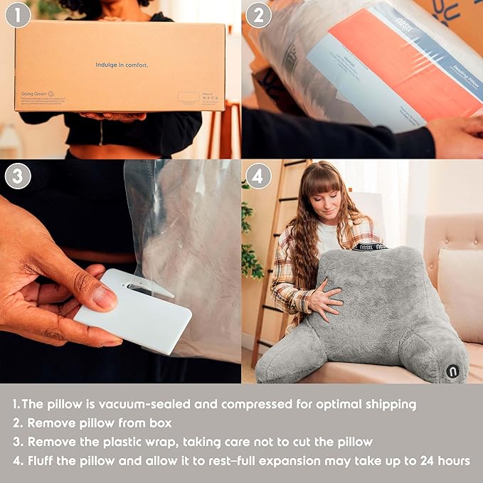 Nestl Fur Reading Pillow, Stylish Back Pillow for Bed Sitting Up, Faux Fur Bed Chair Pillow with Arms, Reading Pillows for Sitting in Bed Adult & Kids, Sit Up Back Support Pillow for Bed Rest - Grey