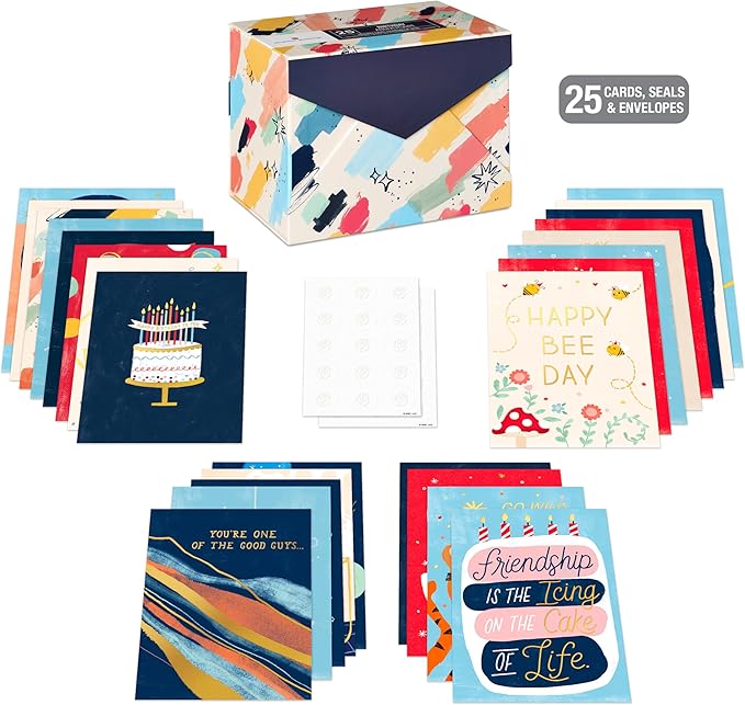 American Greetings 25-Count Birthday Card Assortment with Envelopes, Seals, and Storage Box (Wish Big)
