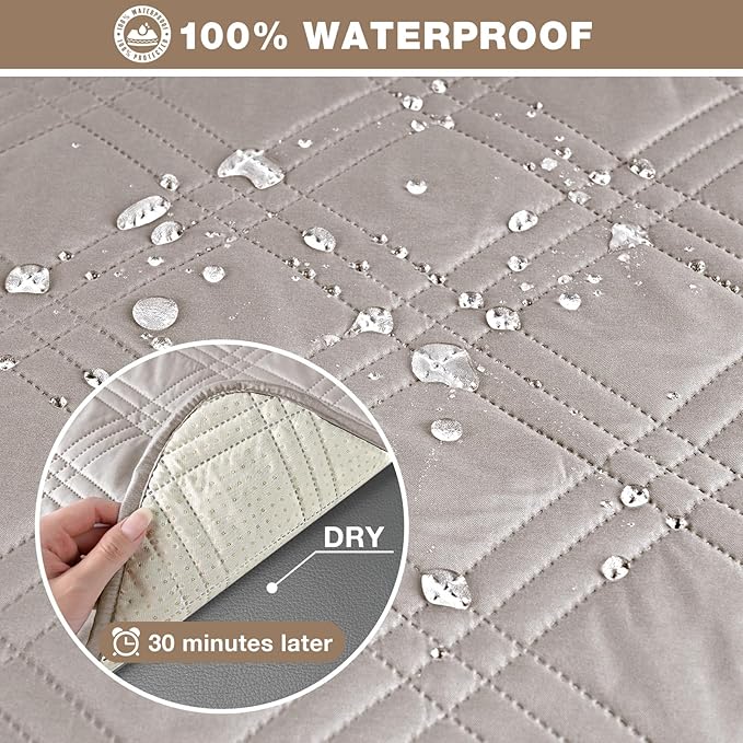 TAOCOCO 100% Waterproof Recliner Sofa Covers 3 Seater, Split Couch Covers for Reclining Couches for Kids Pets, Non Slip Reclining Couch Covers Furniture Protector with Straps(3 Seater, Cream)