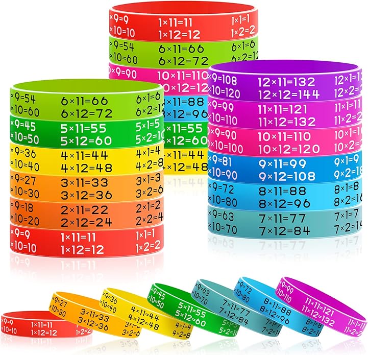 48 Pieces Learn Maths Rubber Bracelets Multiplication Facts Bracelet Stuff Fancy Silicone Bracelets for Events Education Aid Reward Bracelets for Students,12 Colors