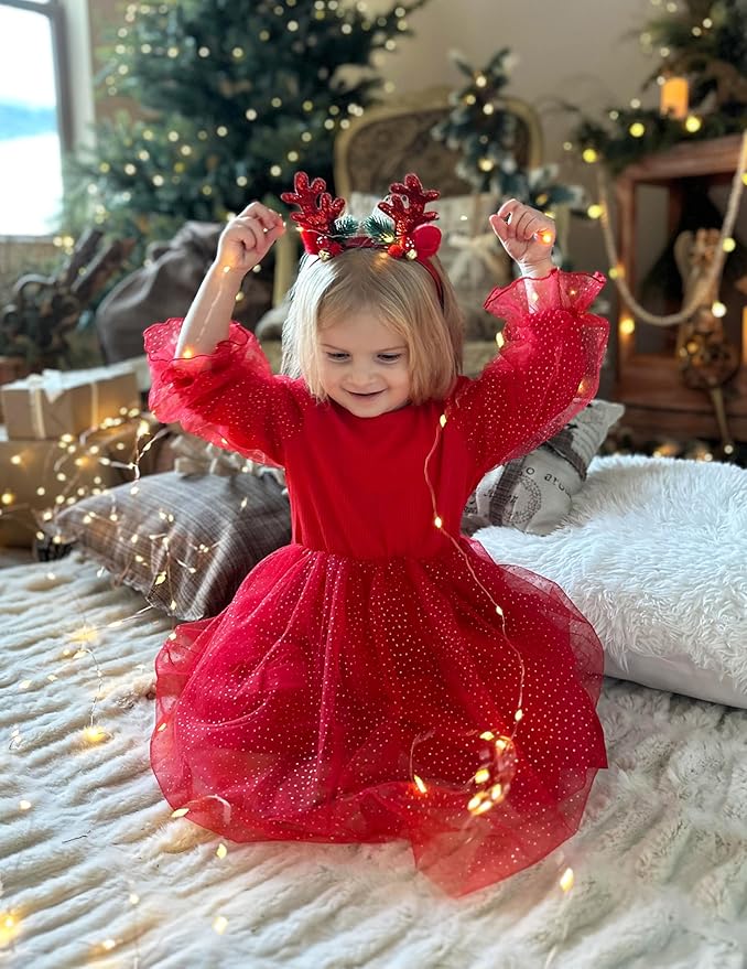 Arshiner Toddler Christmas Dress Girls Sequin Tulle Puff Long Sleeves Tutu Dress Princess Birthday Party Clothes 1-6T