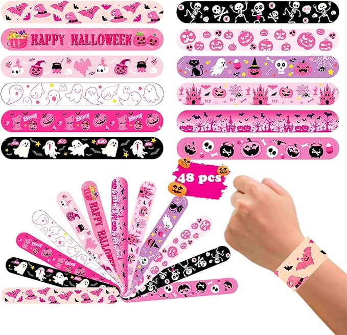 48 PCS Pink Halloween Slap Bracelets Party Favors, Bulk Snap Bracelet Party Favors Supplies for kids&teens Gifts Teacher Classroom School Prizes