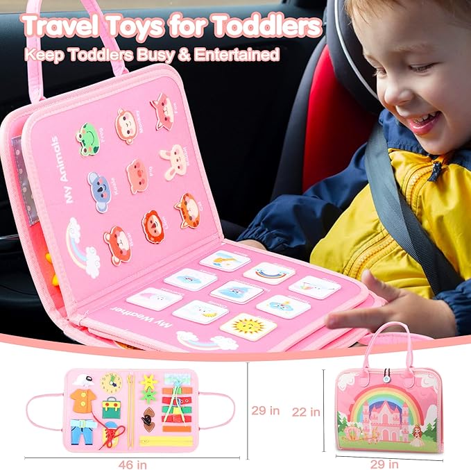 Toddler Busy Board Montessori Toys for 1 2 3 4 Year Old Girls Birthday Gifts - Educational Learning Busy Book Sensory Toys for Toddlers 1-3 - Airplane Car Travel Activities Toys for Kids Ages 2-4