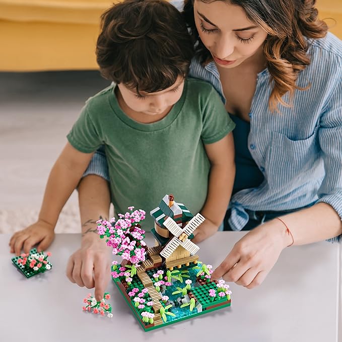 Architecture River Windmill Tree Cute Micro Mini Building Blocks Sets Trees Flowers for Girls, Idea Cherry Blossom Present Toy Model Kit 600+ pcs