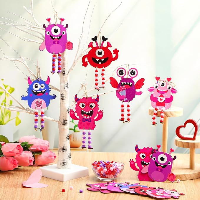 24 Sets Valentine's Day Crafts Monster Sign Crafts with Beads Make Your Own Monster Wood Ornament DIY Craft Art Kit for Holiday Party Favors Activities Decor Gift Exchange
