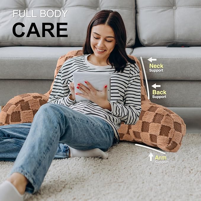 Aimuan Reading Pillow Checkered Bed Rest Wedge Backrest Checkerboard Pillow with Arms Back Support for Sitting Up in Bed Cushion Incline Rest Sleeping Snoring Pillow (Khaki,Large)