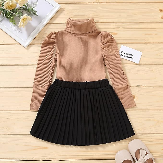 Fernvia Toddler Baby Girl Fall Winter Skirt Set Turtleneck Ribbed Long Sleeve T-Shirt Top & Plaid Skirts Dress 2Pcs Outfits