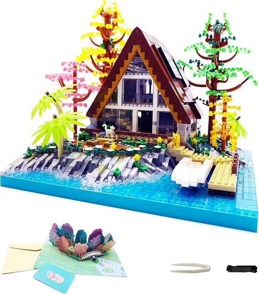 Alizdd Micro Building Blocks Sets，A-Frame Lakeside Cabin House Architecture and Flowers Garden Building Kit for Adults，Cute Toy Building Sets Model，Creative Mini Bricks Gift for Kids 14+，2688 PCS