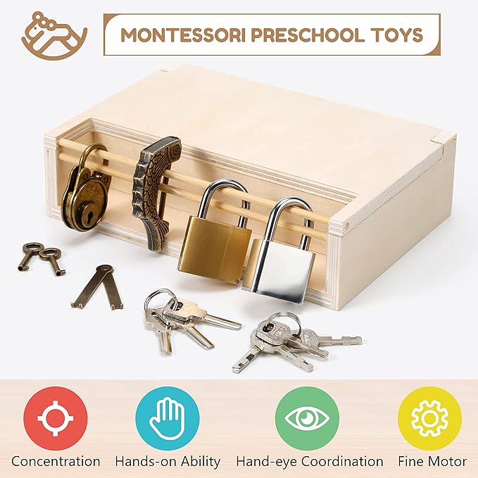 8 PCS Montessori Lock and Key Toy Set for Toddlers, Wooden Montessori Materials, Homeschool Preschool Keys and Locks Learning, Educational Easter Toys for Boys Girls Kids 3+ Year Old