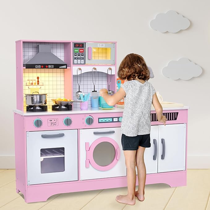 Lil' Jumbl Kids Wooden Pink Color Kitchen Set, Pretend Working Sink with Real Running Water, Includes Range Hood, Microwave & Stove Top That Make Realistic Sound & Light, Full Accessory Set Included