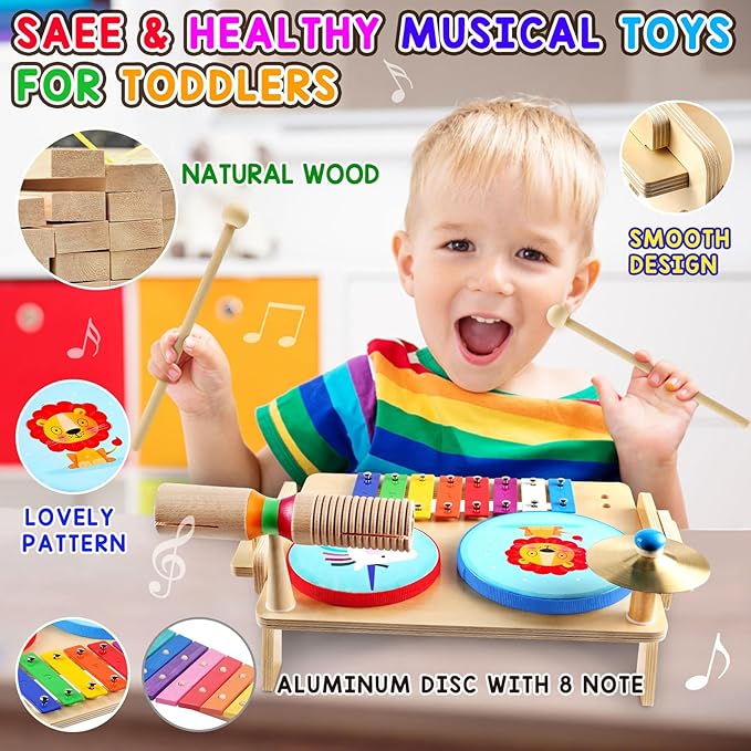 Kids Drum Set, Baby Musical Instruments Toys for Toddlers, 7 in 1 Wooden Xylophone Toddler Drum Set Percussion Instruments Musical Toys Birthday Gifts for Children Boys and Girls