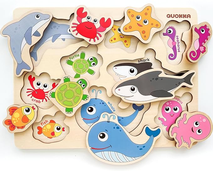 QUOKKA Wooden Puzzles for Toddlers Ages 1-3-5 – Animal Peg Puzzles for Kids 2-4 Years Old – Set of 3 Wood Learning Travel Toys for Children – Gift Educational Game for Boys and Girls