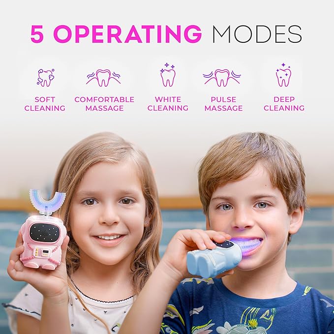 Sensory 360 Round U-Shaped Astronaut Design Mouthguard Electric Toothbrush for Kids Ages 2-7 - Automatic Memory Function - 5 Modes Toothbrush with Multiple Heads – Kids Travel Essentials (Pink)