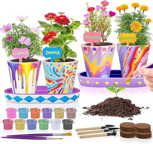 4 Set Paint & Plant Flower Gardening Kit - Gifts for Girls Ages 8-12, Arts and Crafts for Kids Ages 8-12, Kids Gardening Set, Birthday Toys Easter Gifts for Girls Boys Ages 4 5 6 7 8 9 10 11 12