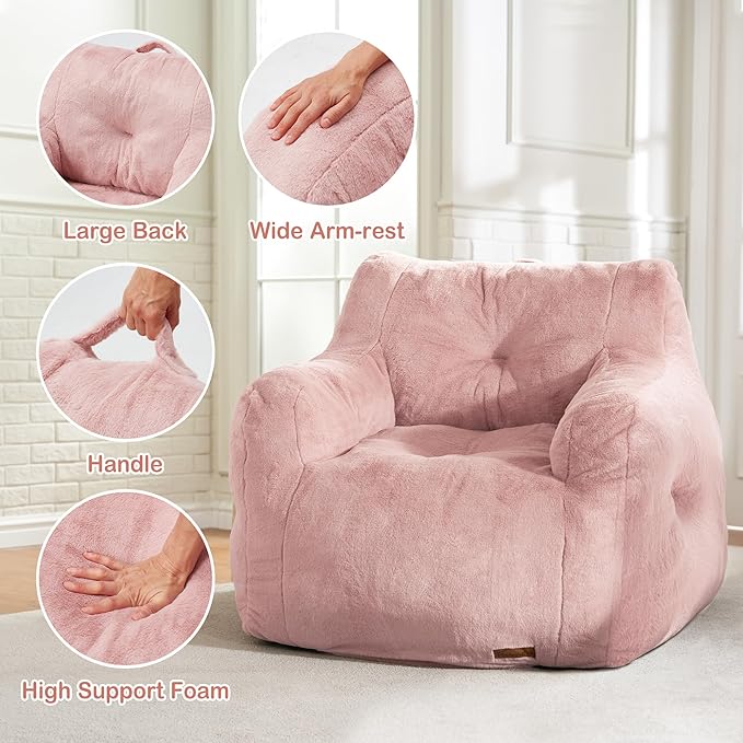 Bean Bag Sofa Chairs for Adults Comfy Bean Bag Sofa Fluffy Beanbag Chair Plush Chair Big Bubble Foam Sofa with Filler with Armrest for Apartment, Dorm, Living Room, Bedroom (Pink)