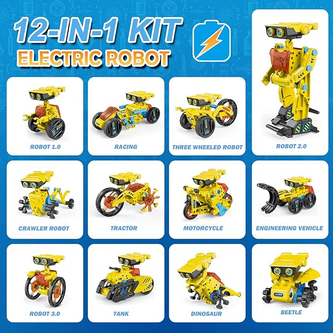 AESGOGO 12-in-1 Electric Robot Kit, STEM Projects Toys for Kids Age 8-12 Birthday Gifts, DIY Building Science Experiment Kit Battery Powered Education for Boys Girls Aged 8 9 10 11 12 13 14 Year Old