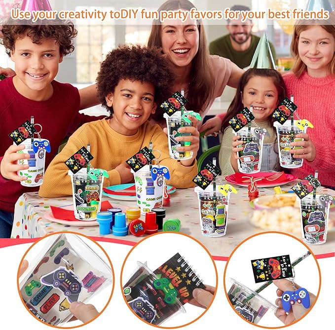 265 Pcs Video Game Party Favors Drinking Cups Notebook Pencils Sharpener Keychain Slap Bracelets Ring Stamp DIY Sticker Tattoo Sticker Tag Twist Tie for Boy Kid Birthday Gamer Reward Gift