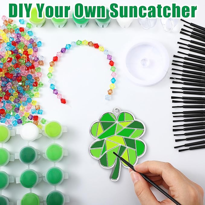 36 Sets St. Patrick's Day Shamrock Suncatchers Ornaments Decorations DIY Window Paint Suncatchers Craft Kits Lucky Shamrock Sun Catcher Gifts for Home Party Supplies Arts and Crafts Project