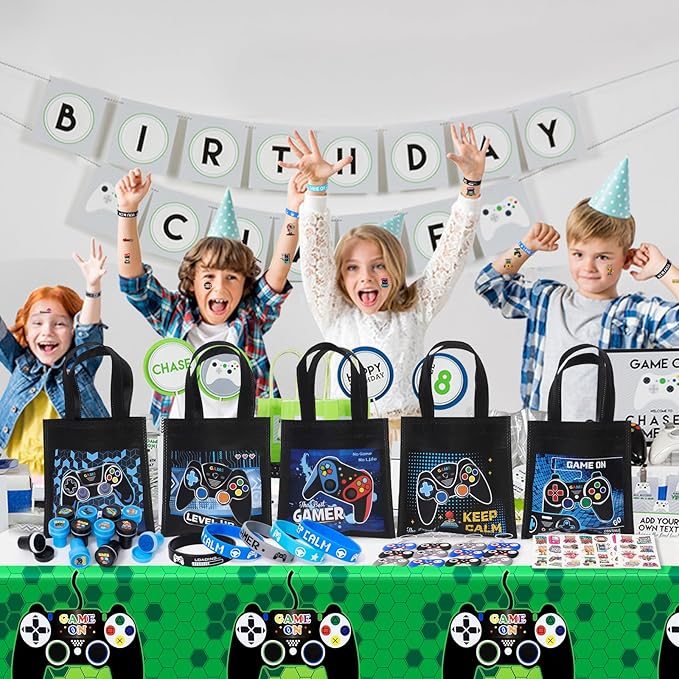 60Pcs Video Game Party Favors Gamer Birthday Party Supplies for Kids Non Woven Bags Silicone Bracelet Stamper Keychain Glow Sticker Game on Gift Goodie Treat Bag Fillers Boy Gaming Party Favors