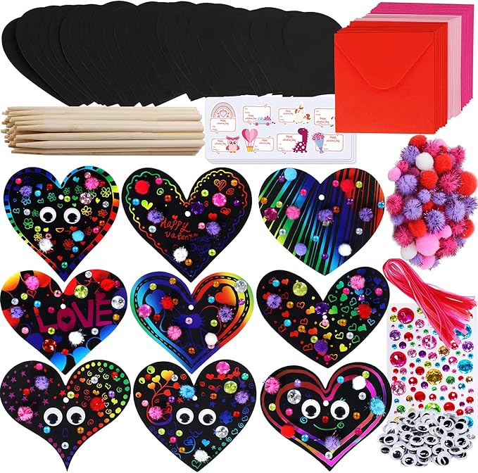 27 Sets Magic Color Scratch Paper Heart Ornaments Bookmarks Valentine Craft Kits Scratch Paper Heart Cutouts Pom-poms Googly Eyes for Kids Activity Art Project Valentine Party Favor Tree Decoration