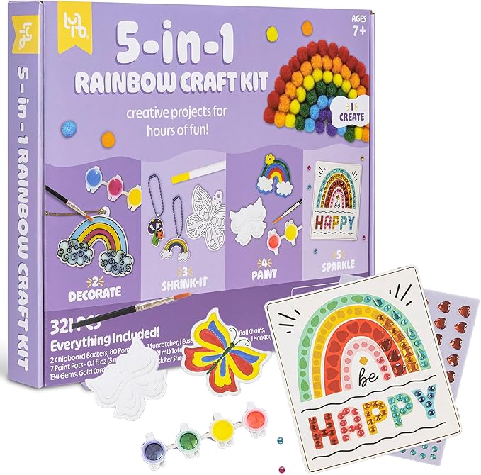 5-in-1 Rainbow Craft Kit - Multi-Project Colorful-Themed DIY Craft Set, All-in-1, Create-Build-Paint-Discover-Scratch, Kids 7+