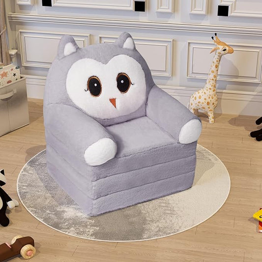 Kids Sofa Chair for Toddler, 2-in-1 Folding Soft Baby Couch with Removable Cover, Comfy Plush Children's Recliner, Convertible Floor Sofa Bed to Lounger for Girls Boys Age 1-3,Owls Grey
