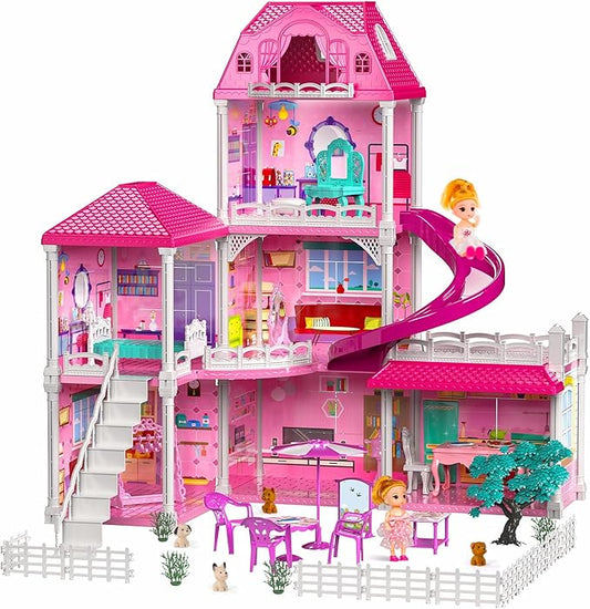 TEMI Villa Toys for 3-8 Years Old Girls - 3 Storeys 6 Rooms Indoor Playset with 2 Dolls, Furniture and Accessories, Pretend Girls Plays, Building Toys, Gifts for Kids 3-5