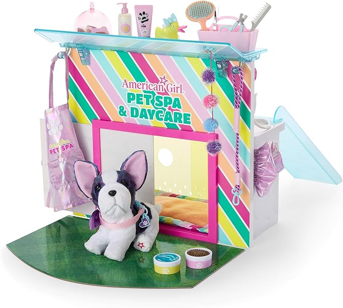American Girl Truly Me 18-inch Doll Pet Spa & Daycare Set with Bulldog and Pretend Hair Dryer, for Ages 6+