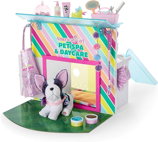 American Girl Truly Me 18-inch Doll Pet Spa & Daycare Set with Bulldog and Pretend Hair Dryer, for Ages 6+