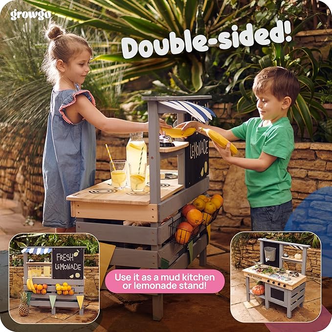 2-in-1 Mud Kitchen for Kids Outdoor and Grocery Store Pretend Play - Lemonade Stand and Market Playset for Outdoor Fun - Perfect for Cooking, Role-Playing, and Creative Imagination