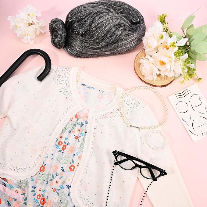 Kids 100 Days of School Costume for Girls Cosplay Outfit Including Grey Wig Cardigan Sweater Floral Dress Cat Eye Glasses