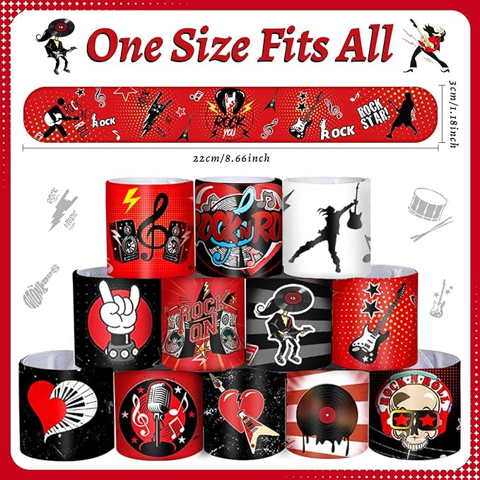 48PCS Rock and Roll Party Favors Slap Bracelets Wristbands Rock Star Party Decorations Supplies for 80s 90s Born to Rock Rock Fake Musician Guitar Rap Theme Party