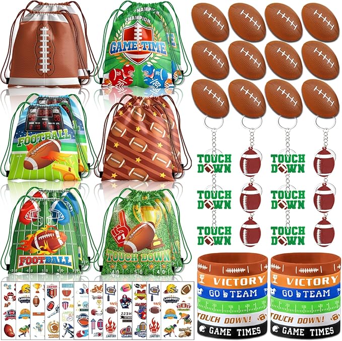 60pcs Football Party Favors, Football Goodie Bags Football Gift Bags Stuffers for Boys Includes Drawstring Bags Bracelet Keychain Tattoo Stickers Mini Football for Football Birthday Party Supplies
