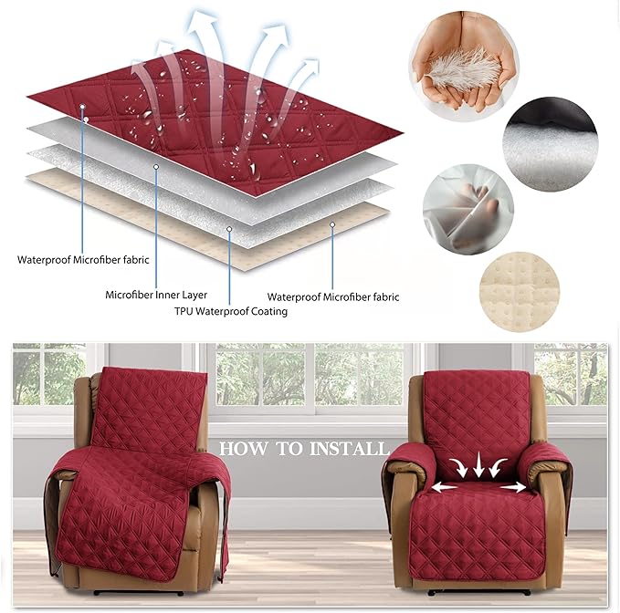 TOMORO Non-Slip Oversized Recliner Cover, 100% Waterproof Quilted Recliner Chair Slipcover Furniture Protector with Pockets, Washable Couch Cover with Elastic Straps for Kids and Pets