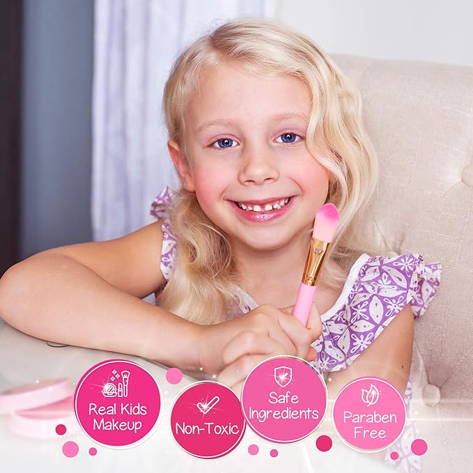 Kids Real Makeup Kit for Girls with Pink Unicorn Purse - Non-Toxic Washable Make Up Toy - Valentines Day Gift for Kids Toddlers Young Children Ages 3 4 5 6 7 8 9 10 Years Old - Pretend Play Vanity Set