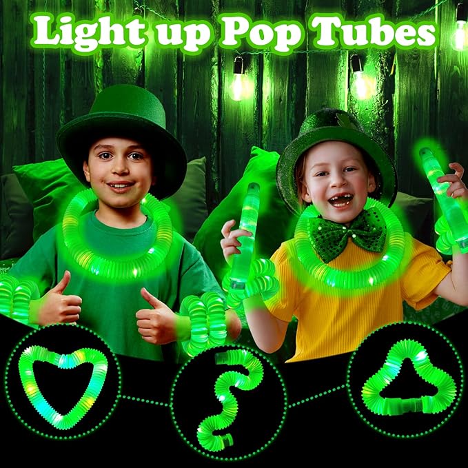 24 PCS Green Glow Sticks St Patricks Day Party Favors for Kids, LED Light up Pop Tubes for Toddlers, Neon Necklaces Bracelets Accessories, Glow Birthday Dance Wedding Mardi Gras Party Supplies