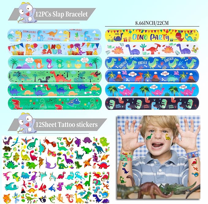 194Pcs Dinosaur party favors Dinosaur Rings for Boy Kids Party Supplies Dinosaur slap Bracelet Tattoos Keychains Dinosaur Theme Party supplies for Birthday party goodie bag Fillers