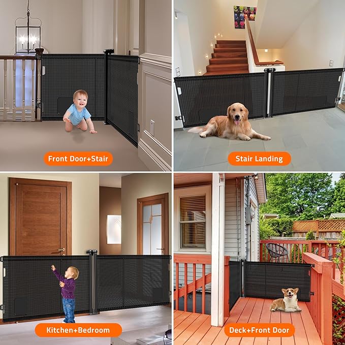 2-in-1 Retractable Baby Gates, 41" Tall Mesh Dog Gate with Cat Door 2-Pack, One Side Up to 71" Wide, Total 142" Wide, Long Retractable Pet Gate for Stairs Landing Indoor Outdoor-Black